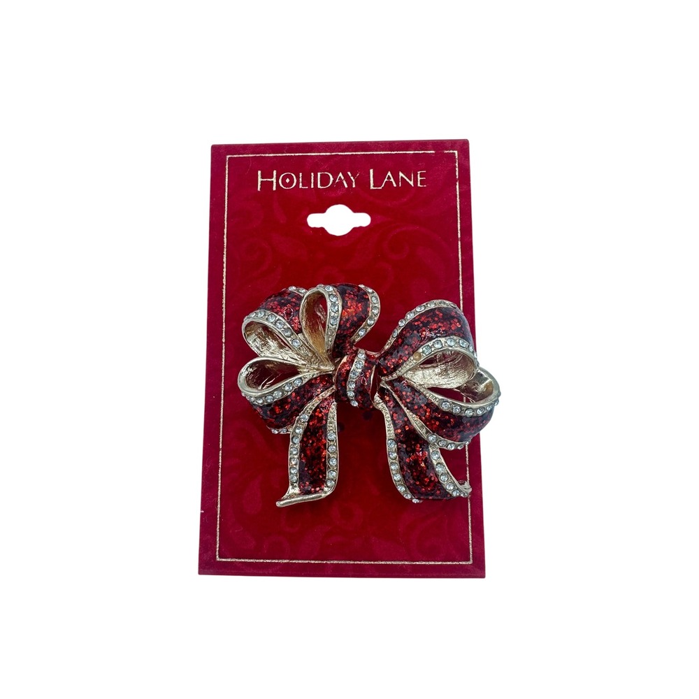 Holiday Lane Red Bow Pin Womens OS Red New Glitter Rhinestone Brooch 80041PG